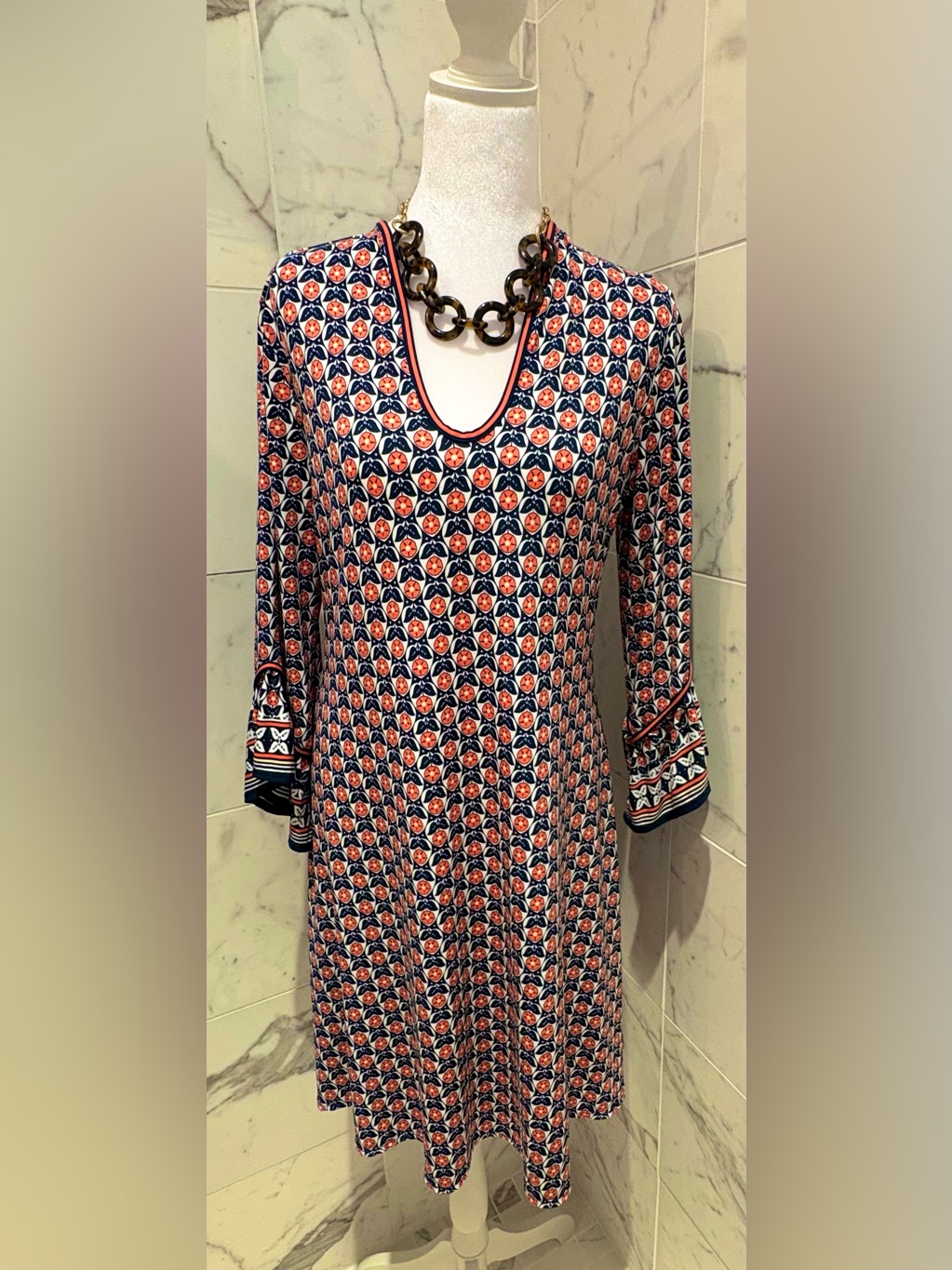 Max Edition Navy, White & Coral Geo-Print Midi Dress
